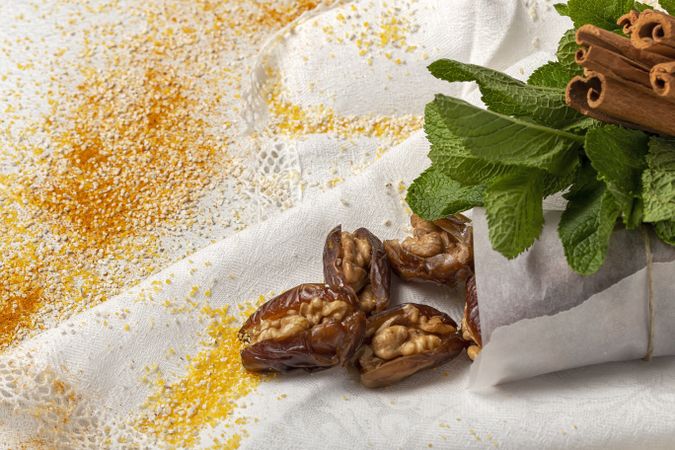 Dates fruits with walnuts, mint and cinnamon for Ramadan