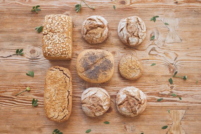 Freshly baked bread on wooden table