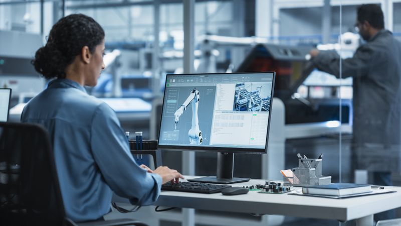Hispanic Female Automation Engineer Using Desktop Computer to Control Automated Production With Robotic Arms On Modern Electronics Factory, While Indian Assembly Line Worker Using Solder Jet Printer.