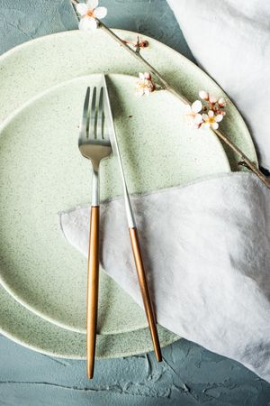 Top view of silverware on spring table setting blooming tree branch