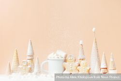 Beige scene of gingerbread cookies and waffle pine trees bGDpx0