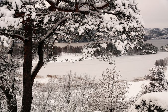 Snowy peaceful mountain valley at shore