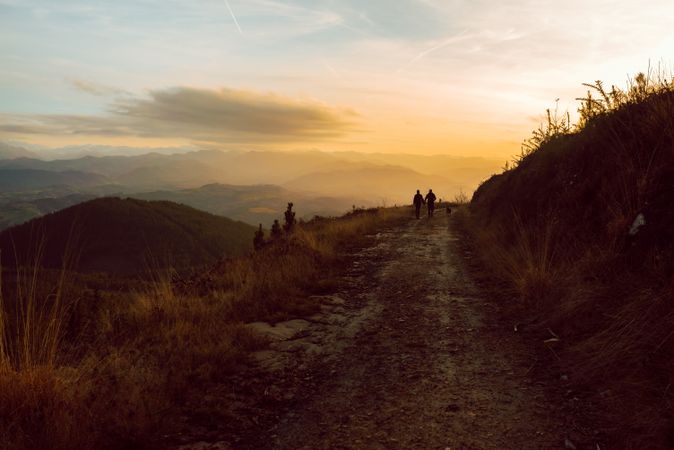 Men hugging near dog on road on hill