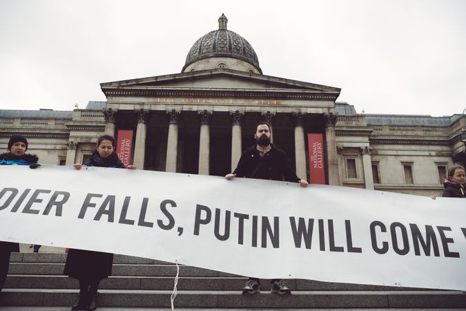 London, England, United Kingdom - March 5 2022: People holding anti-war sign