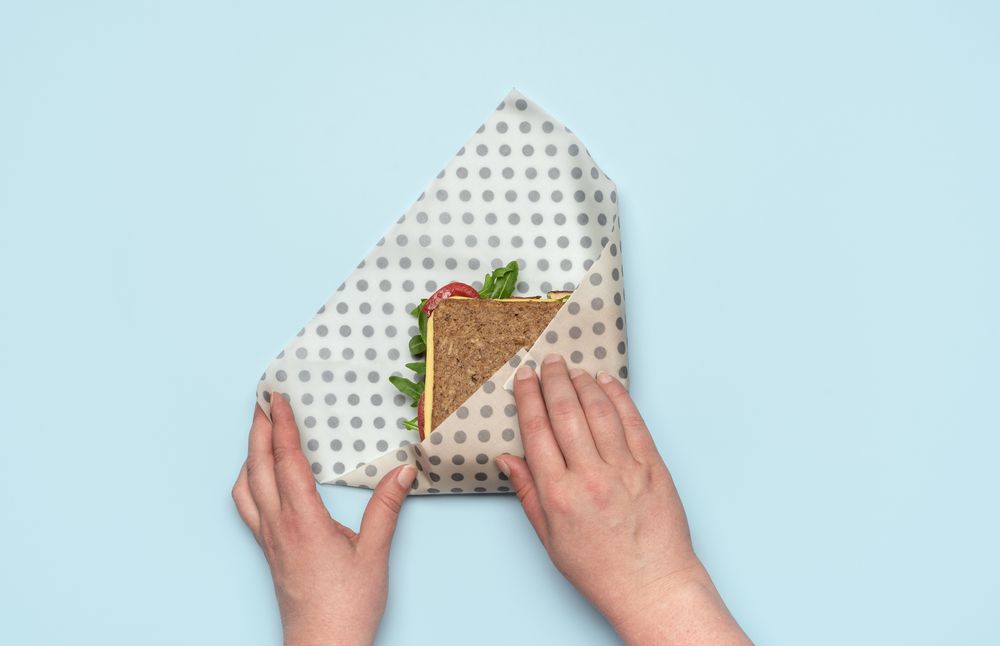 Wrapping sandwich in a beeswax cloth, top view
