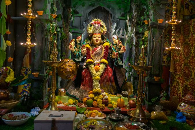 A beautiful idol of Maa Durga being worshipped at a pandal during Navratri in Mumbai, India