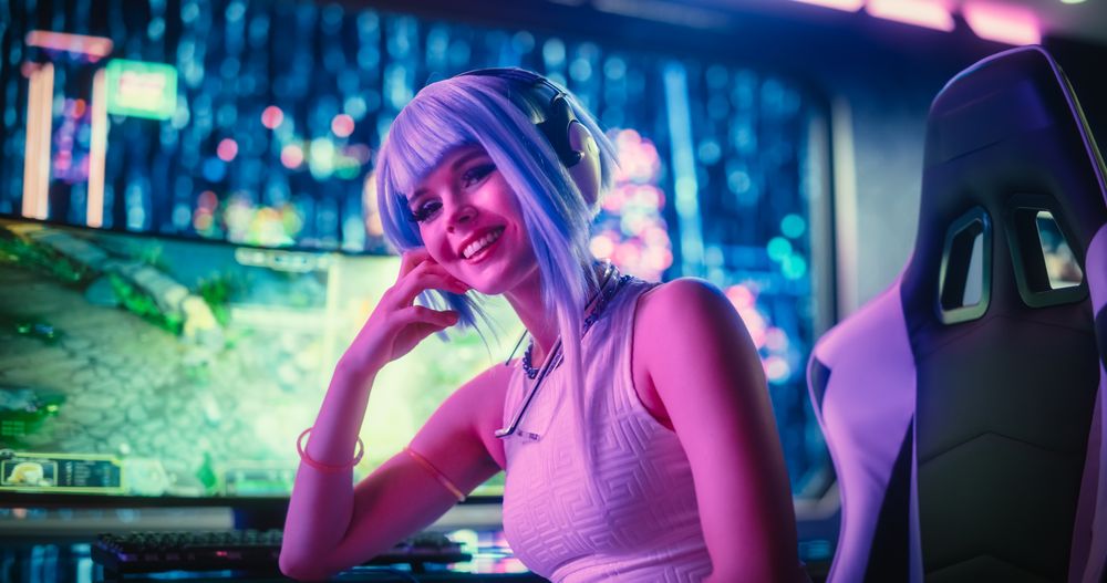 A Young, Excited Gamer Female in Futuristic Neon Room.