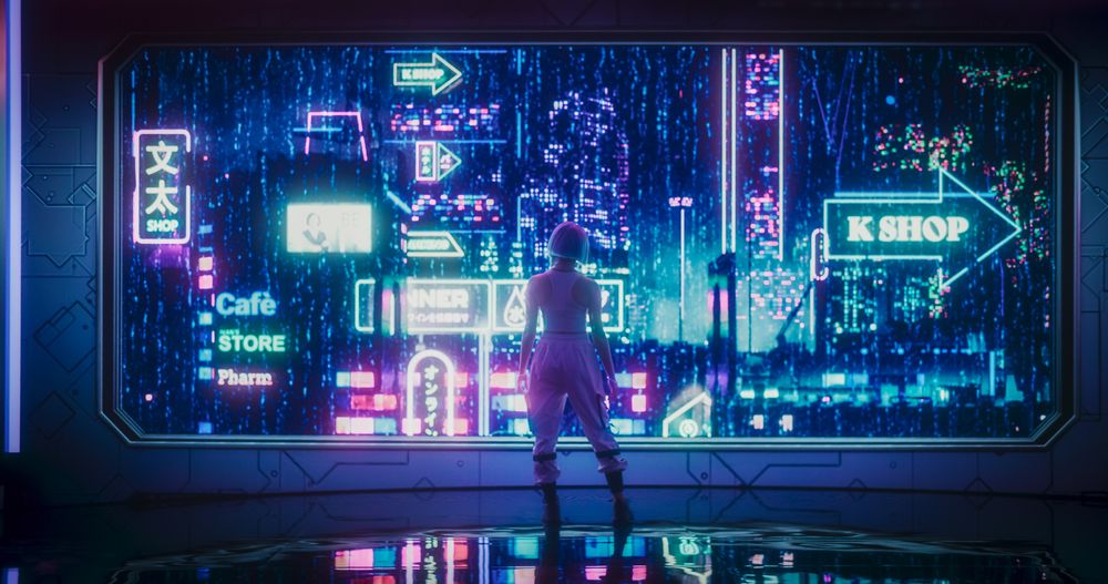 Cinematic Footage with a Stylish Cosplay Model with Blue Hair Looking Out of the Window in a Futuristic Cybernetic Space City with Neon Lights.