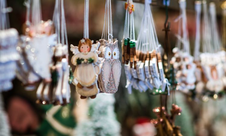Close up of rack of Christmas ornaments