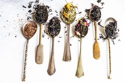 Vintage spoons with loose leaf tea on counter