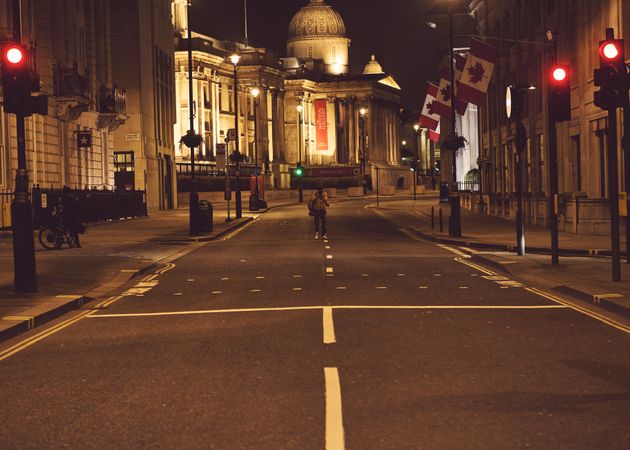 London, England, United Kingdom - March 16, 2021: Empty street leading to the National Gallery