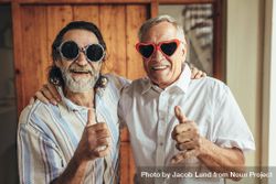 Happy men wearing funny sunglasses showing thumbs up 5RYYr0