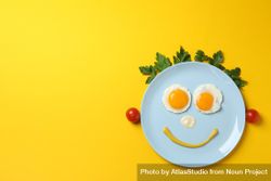 Blue plate with smiley face on it made of eggs and condiments, with vegetable hair, copy space 4jqN95