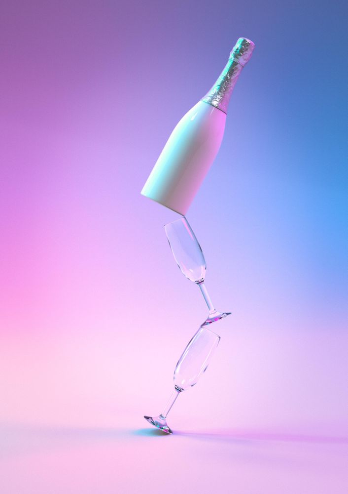 Champagne bottle with glasses ultraviolet and holographic neon lights