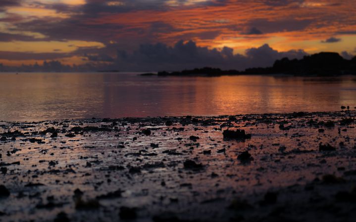 Mauritius beach with orange sunrise