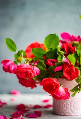 Side view of beautiful roses in pink vase