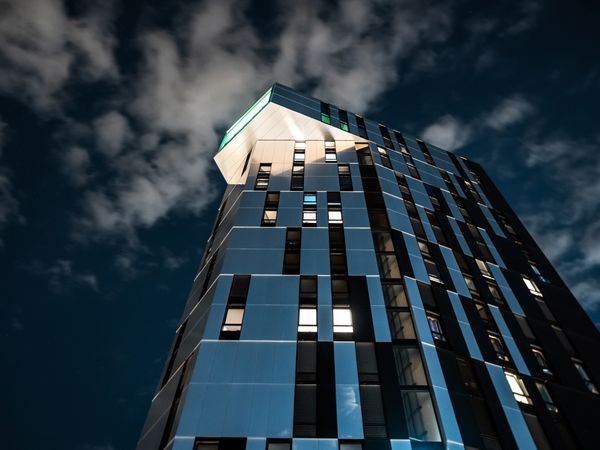 Night photos of illuminated new beautiful buildings of Strasbourg