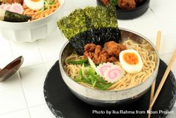 Bowl of Japanese ramen noodles with chicken and egg 5rR2M5