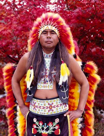 Native American man in full red and yellow Cherokee regalia, Cherokee, North Carolina