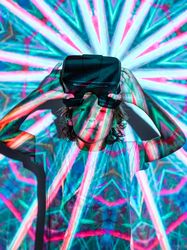 Boy with VR headset under bright projector light