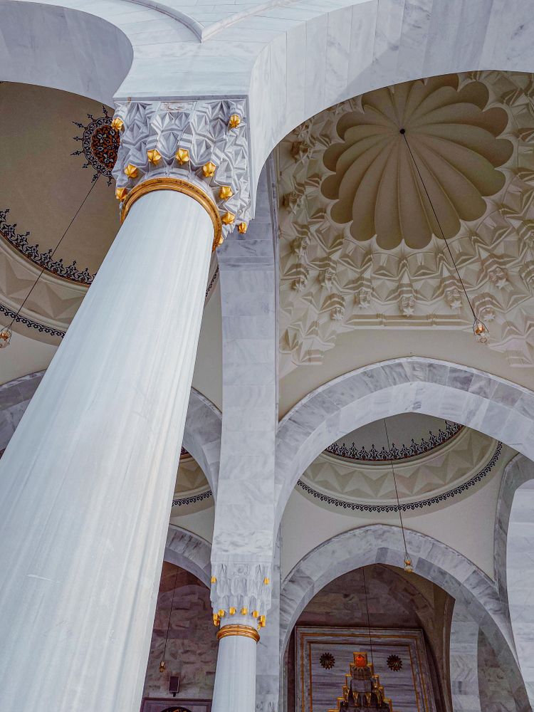Looking up at roof and pillars in mosque
