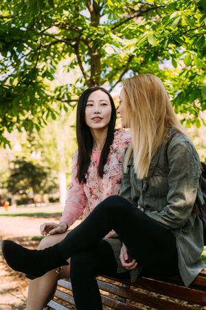 Multiethnic friends speaking on bench