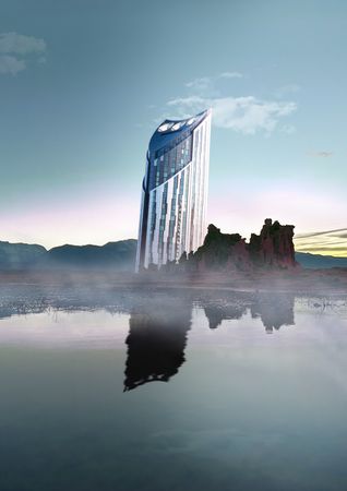 Leaning tower reflected on water