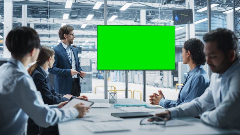 Electronics Factory Office Meeting: Male Project Manager Presenting Innovative High Tech Device On TV With Green Screen Chromakey.