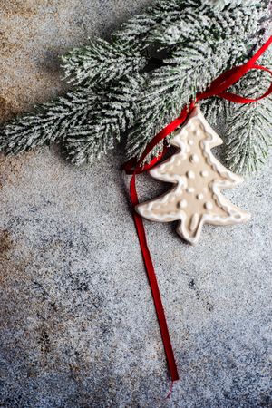 Christmas card concept of tree cookie decoration on pine branch