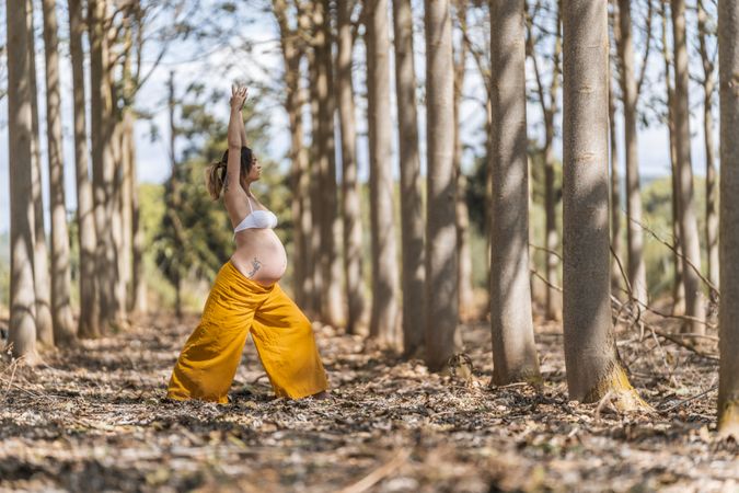 Concentrated adult expectant mother practicing yoga in park