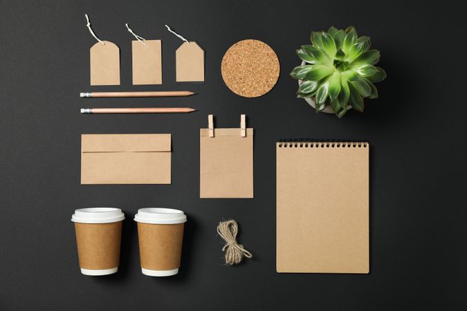 Flat lay composition with blank stationery and succulent on dark background, copy space