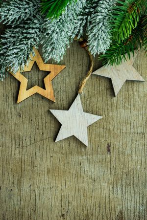 Green wintry branch with star shaped wooden ornaments