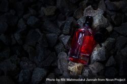 Red perfume bottle mock up laying in rocky terrain 0gX7KX