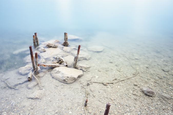 Old tires on sticks of former pier in water