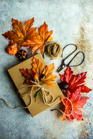Top view of autumn leaves surrounding gift box
