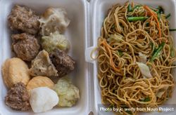 Asian dumplings and stir fried noodles in take out box 41rXgb