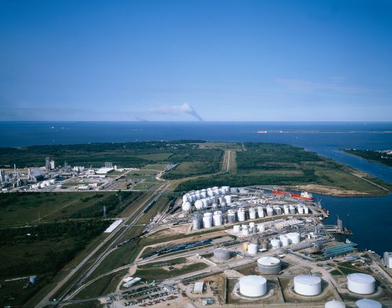 Aerial view of oil refinery next to the Gulf of Mexico near Houston, Texas