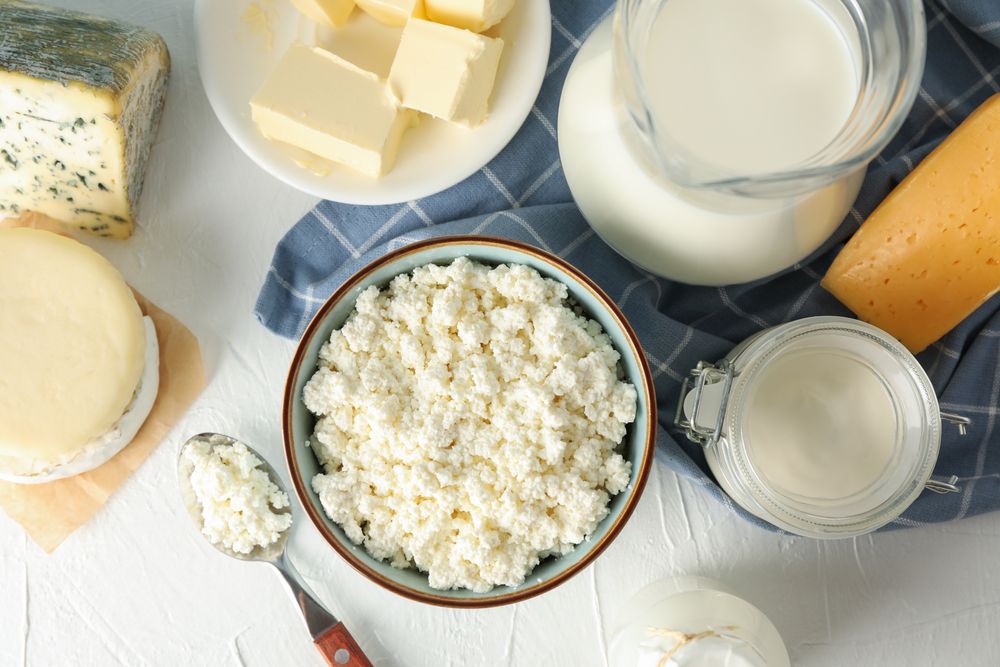 Different dairy products on plain background, top view