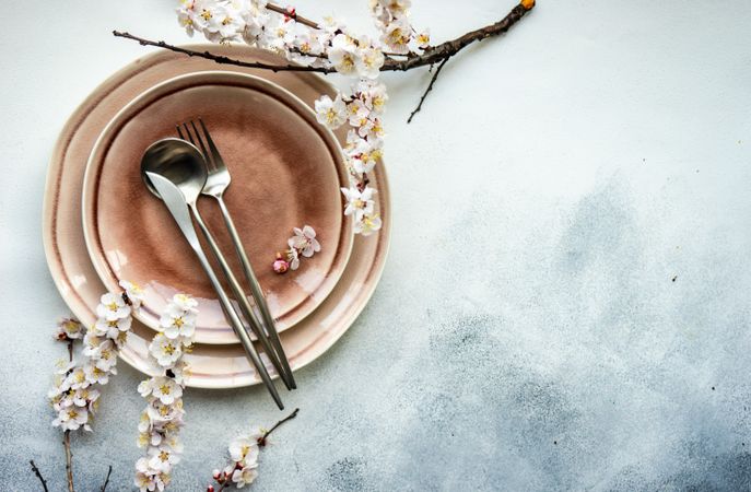 Minimalistic table setting with apricot blossom with elegant pink plates