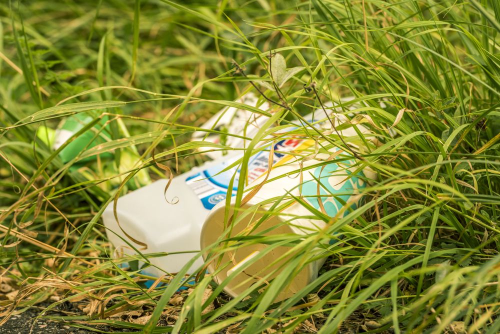 Household waste closeup in the grass