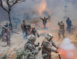 Ibi, Spain - December, 28 2018: People celebrating victory in flour and eggs battle
