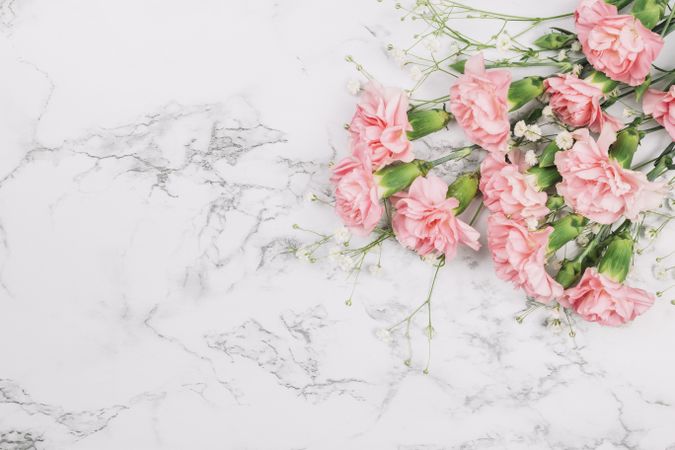 Carnations bouquet in corner of marble texture