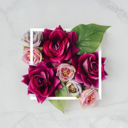 Dark and light pink rose bouquet in frame on marble background
