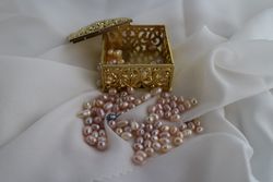 Freshwater pearls scattered on satin silk