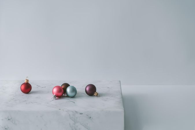 Christmas decoration balls on marble