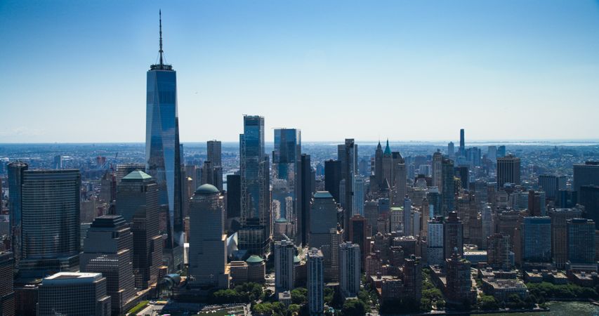 Scenic Aerial New York City View Towards Lower Manhattan Architecture. Panoramic Footage of Midtown Financial District from a Helicopter. Cityscape with Office Buildings and Skyscrapers