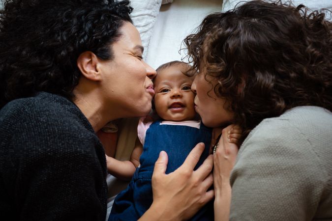 Two women kissing their smiling baby while resting on the bed