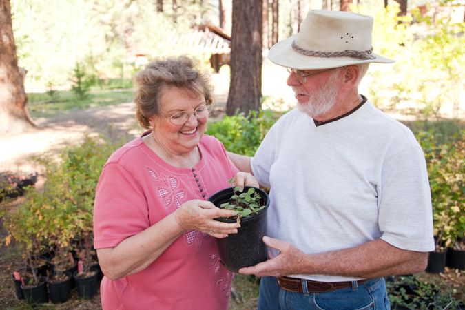 Attractive Older Couple Overlooking Potted Plants