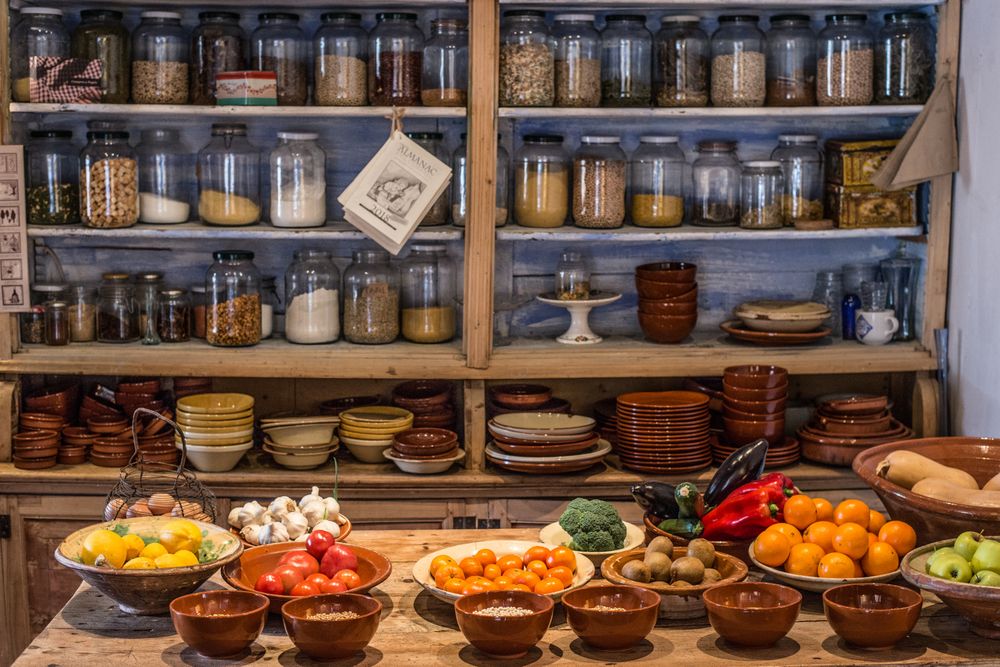 Old village cellar with spices, vegetables and fruits
