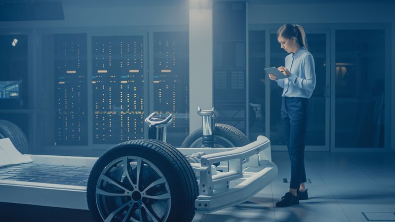 Automobile Engineer Working on Electric Car Chassis Platform, Using Tablet Computer Augmented Reality with 3D CAD Software Modelling.